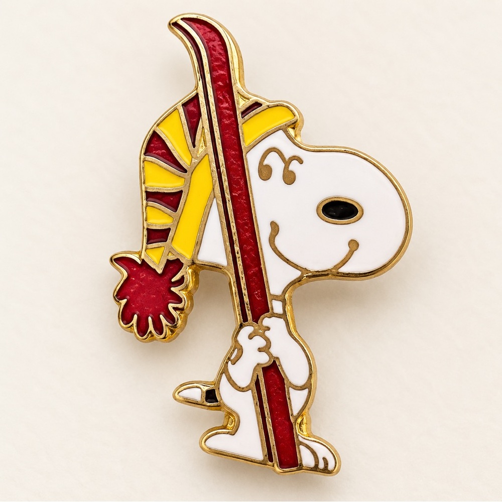 Vintage AVIVA Snoopy Skiing Enamel Brooch Pin Peanuts Collectible